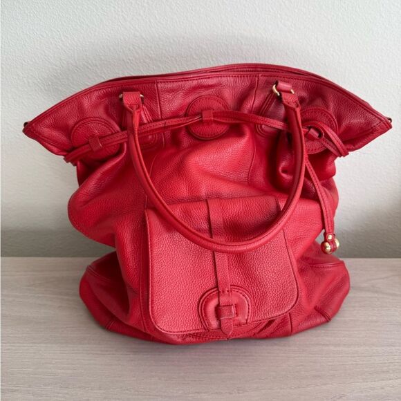 Isaac Mizrahi Large RED 100% genuine Leather Bag Tote Purse gold hardware - Picture 6 of 16